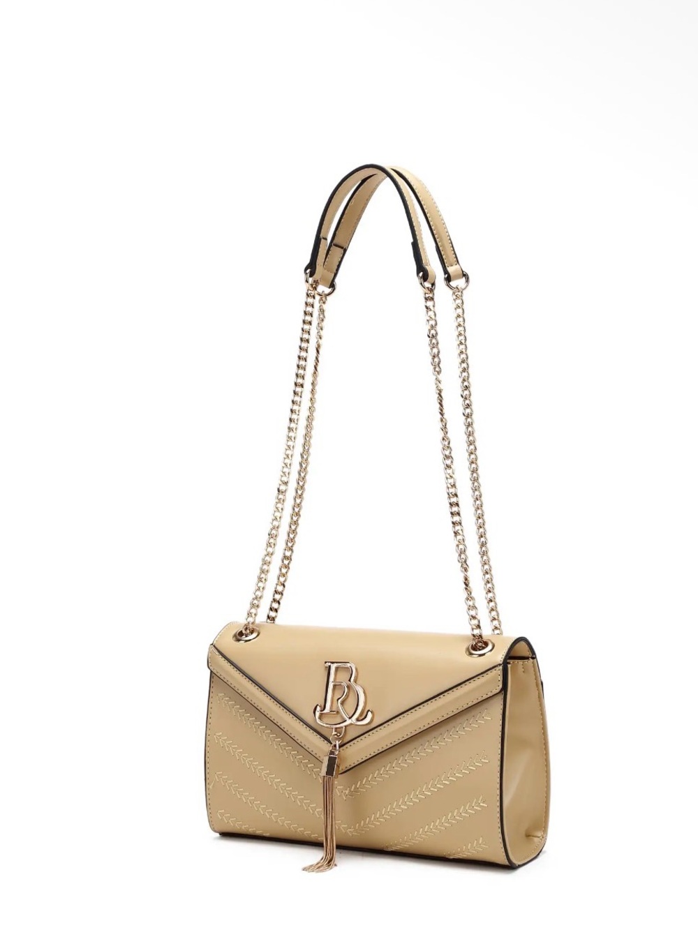 Beige Quilted Shoulder Bag with Gold Chain and Logo Accent By Brangio Italy